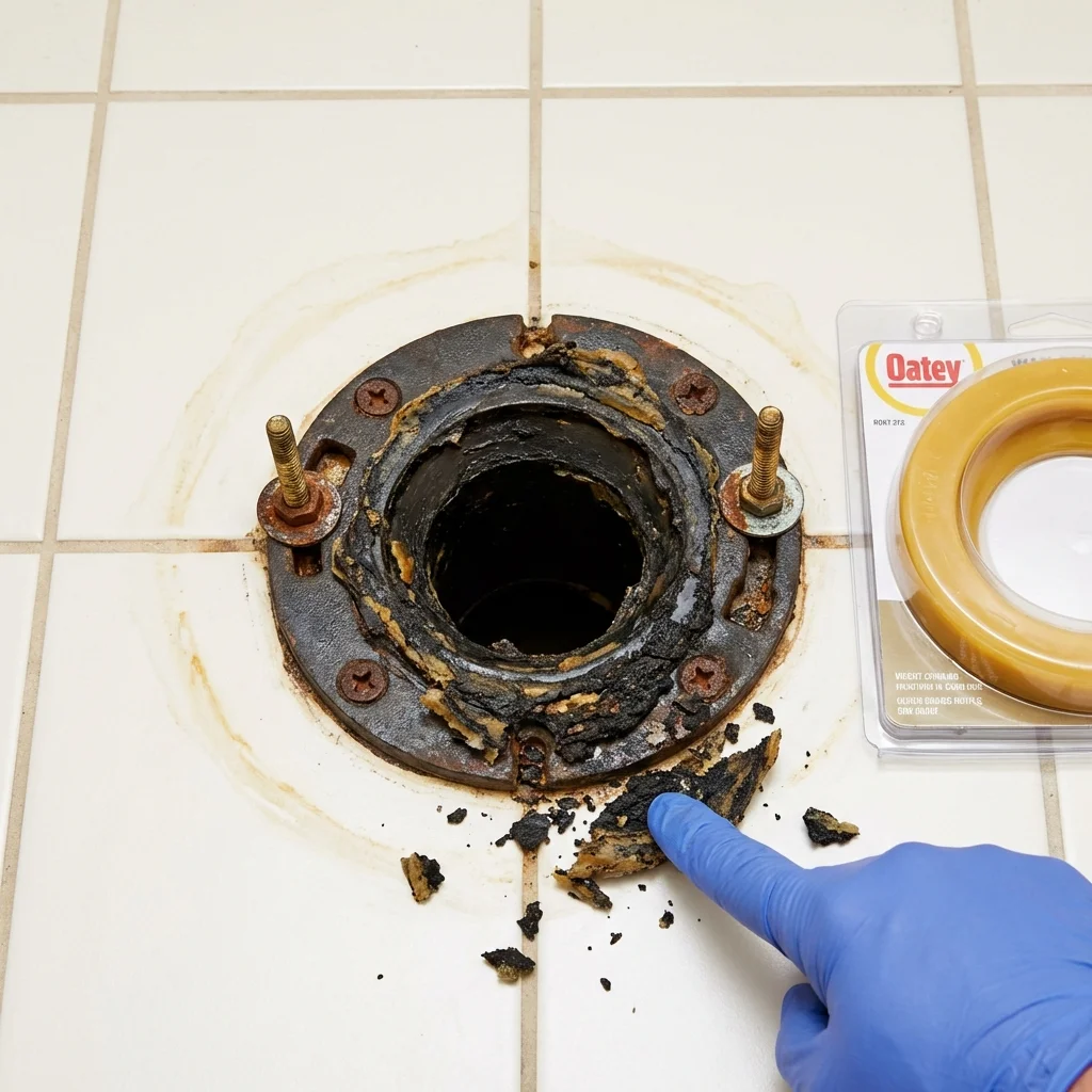 Failed wax ring showing water seepage at the base of a toilet in a Norwood, NC home